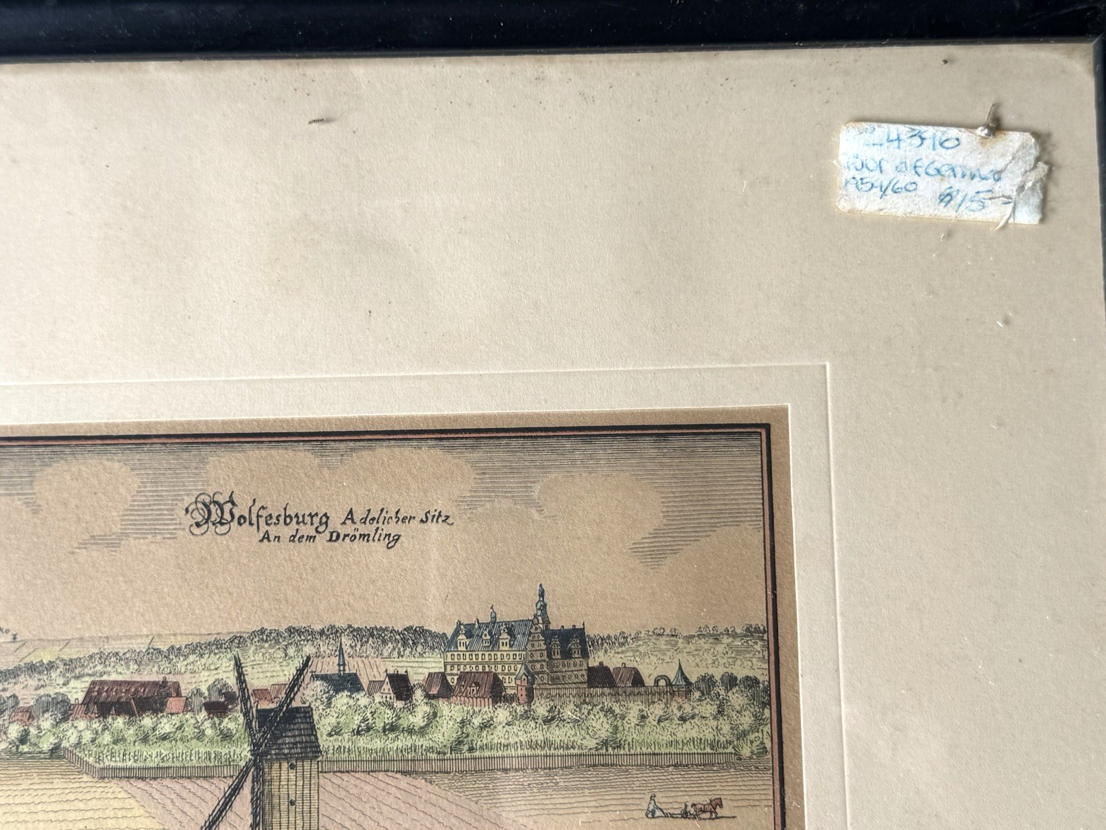 Antique Hand Colored Engraving Wolfsburg Germany Windmill Cityscape 1700s Framed