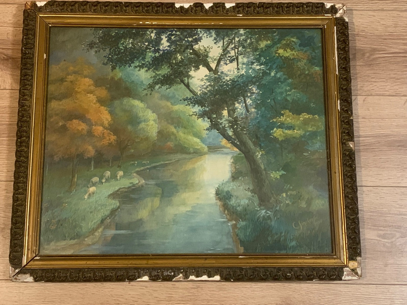 C. Simshouser 1920 Pastoral Landscape with Sheep Original Watercolor Painting