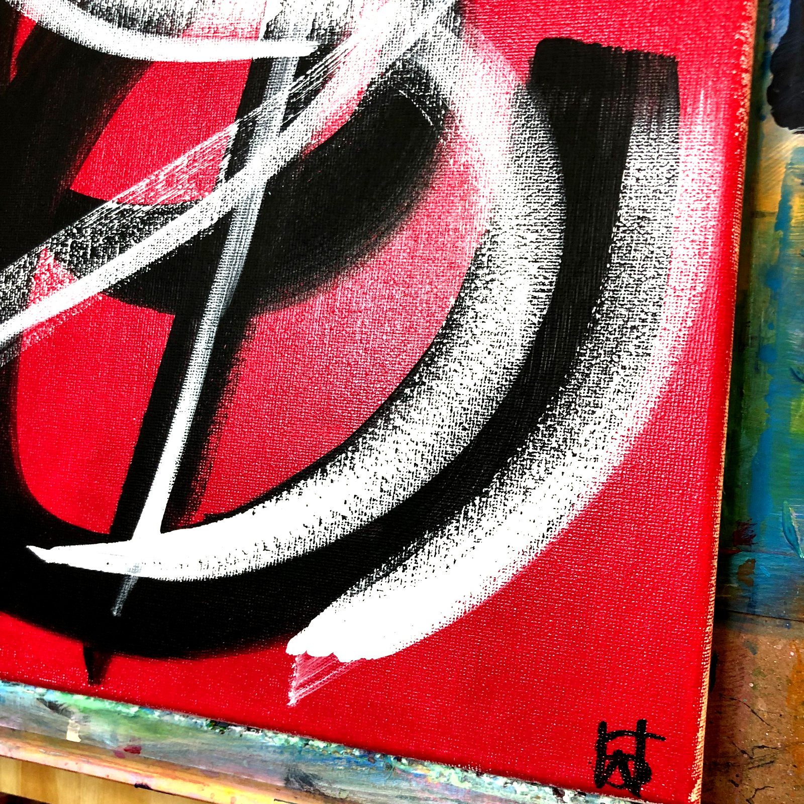 WS original red abstract expressionism painting 14X11 canvas acrylic fine art