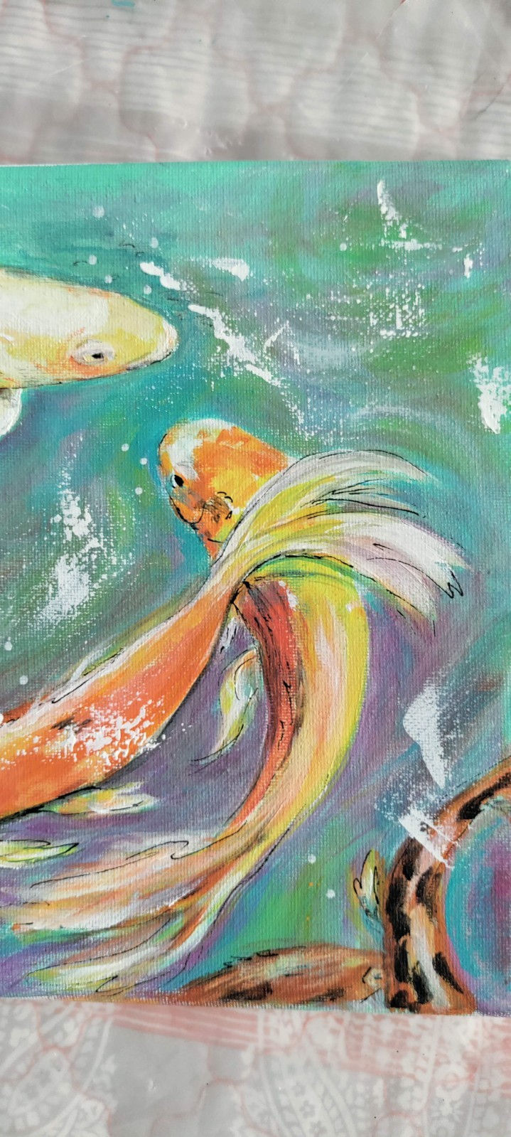 Original 9 x 12 Expressionism Colorful Koi Fish Canvas Wall Art Acrylic Painting