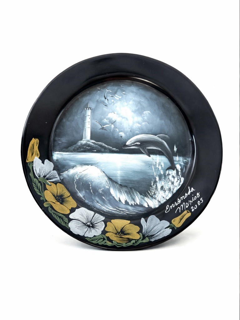 Hand Painted Arcoroc Glass Plate Dolphin Lighthouse Scene Ensenada Mexico