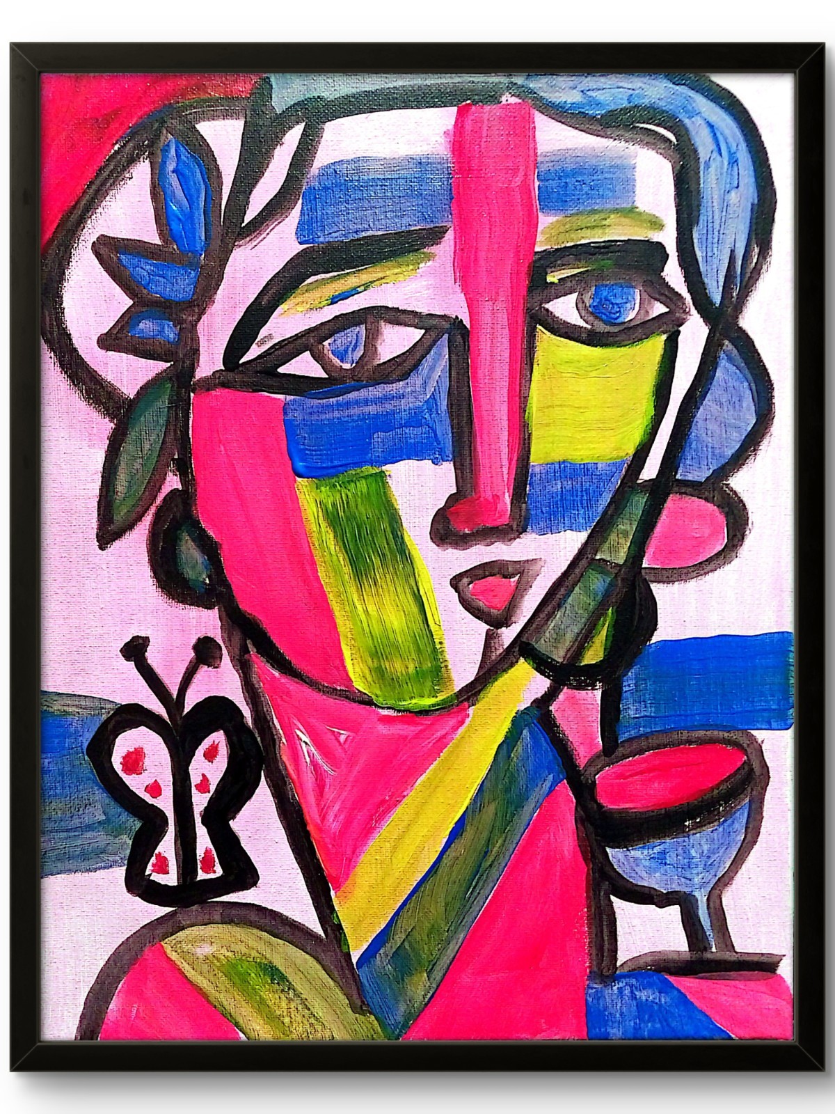 Lady Face Cubism. Modern Abstract Original Signed Acrylic 11×14 Wall Art BACH