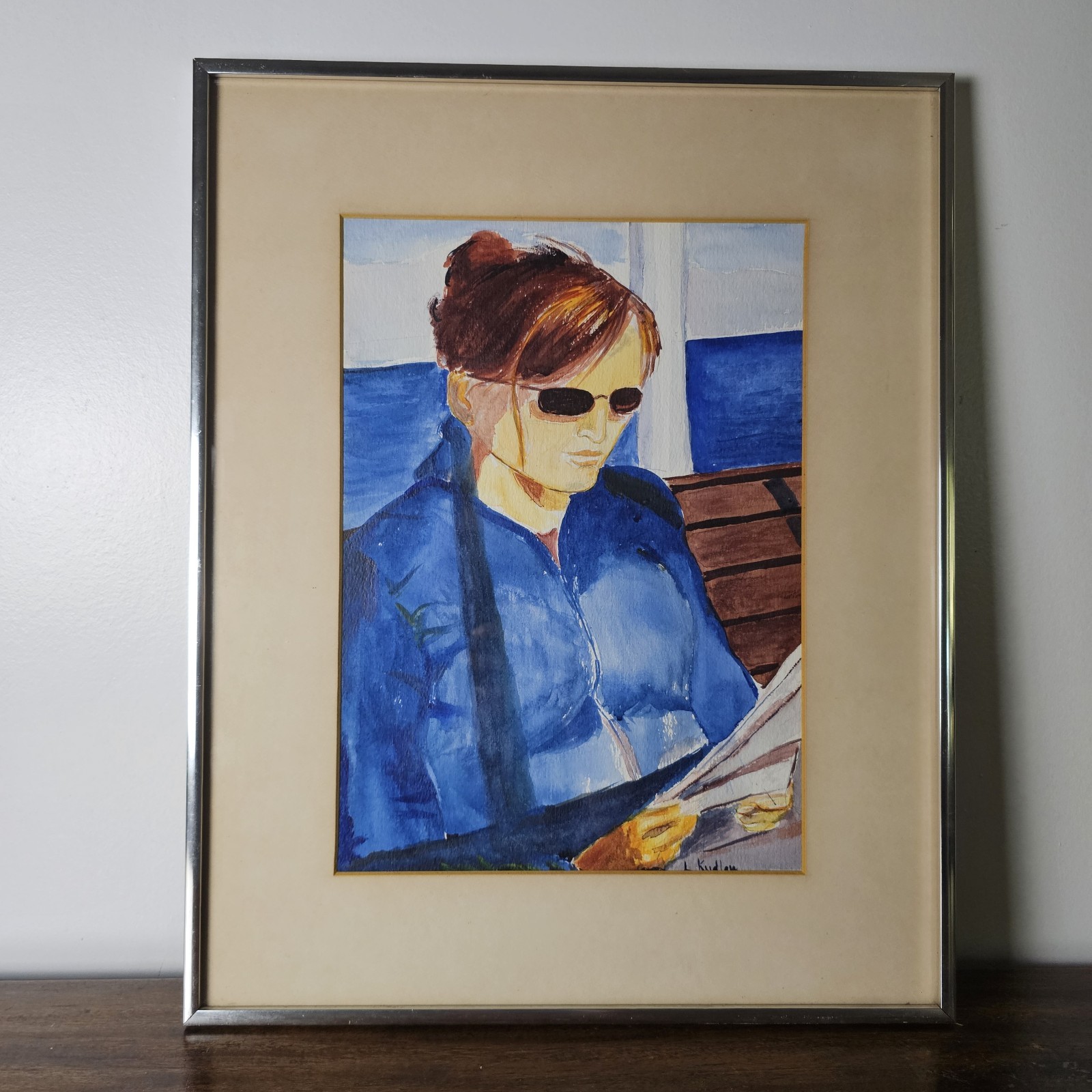 Vintage Coastal Watercolor Portrait Woman Reading on Ferry Boat Signed L Kudlow