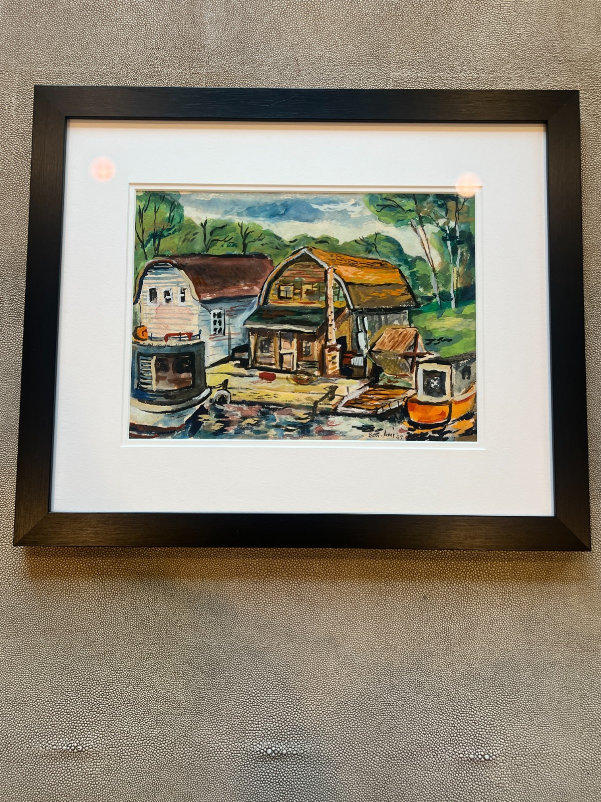 BEN AMI SIGNED 1947 WATERCOLOR PAINTING HAROR SCENE WATERMILL CUSTOM FRAMED