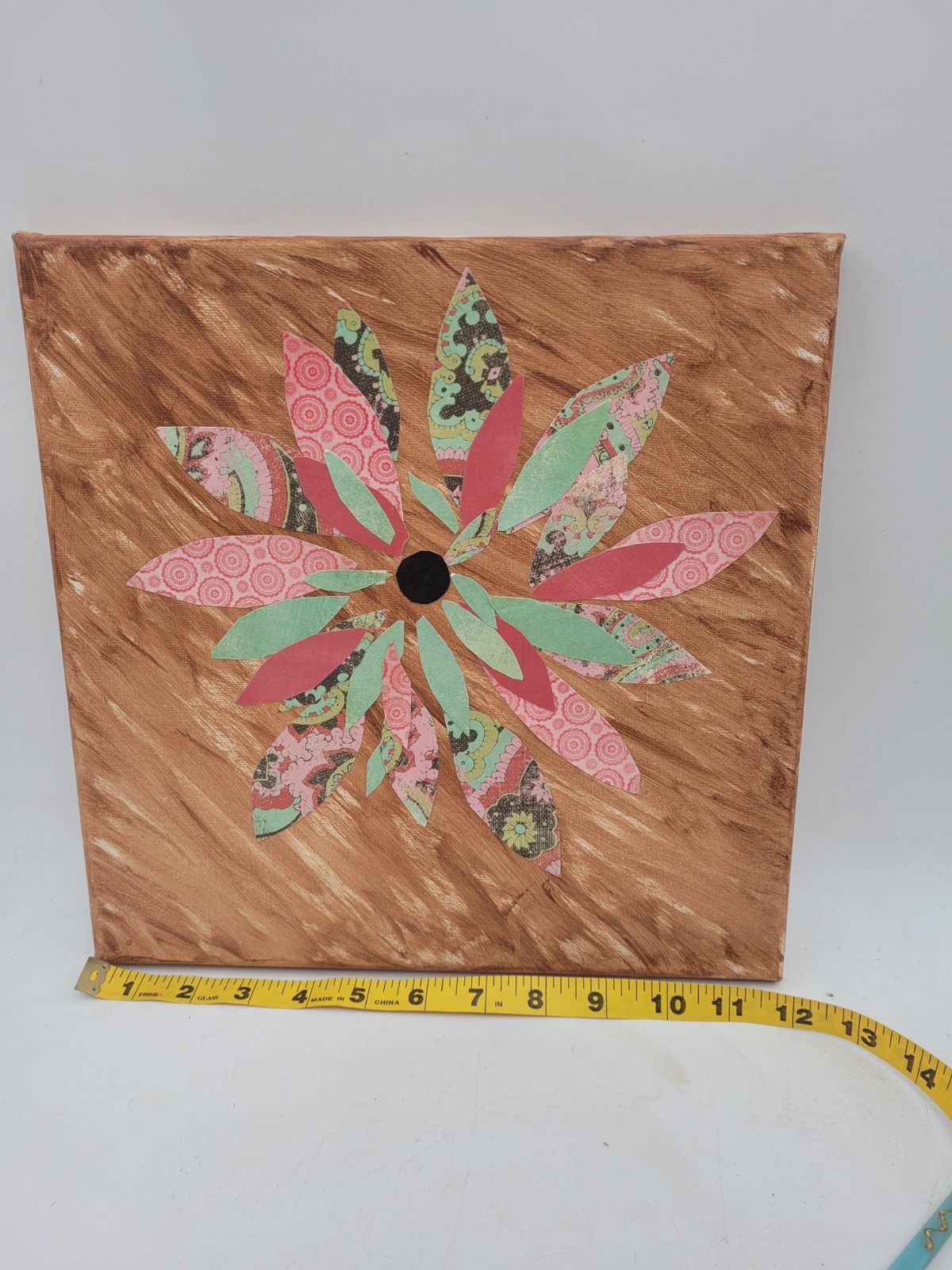 Handmade Floral Collage Canvas Art Signed Cynthia Greulich 2014 12×12 Boho Decor