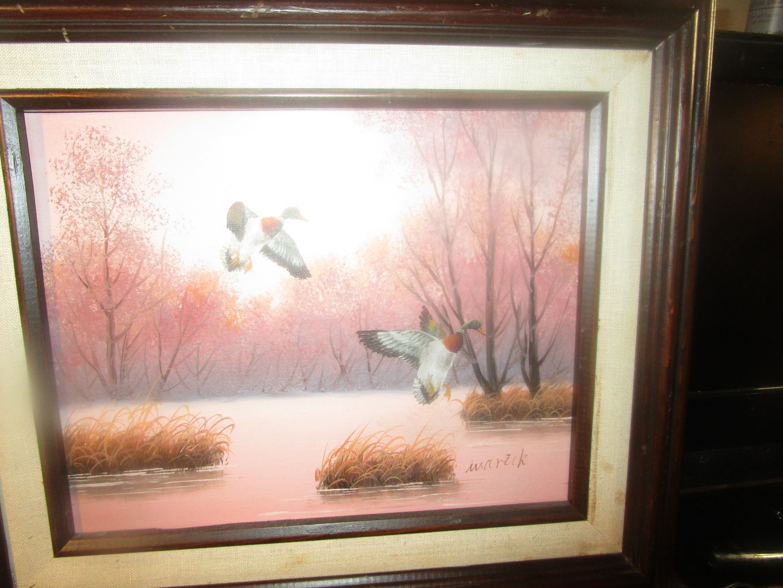 Vintage Original Painting 8X11 Mallard ducks in flight signed