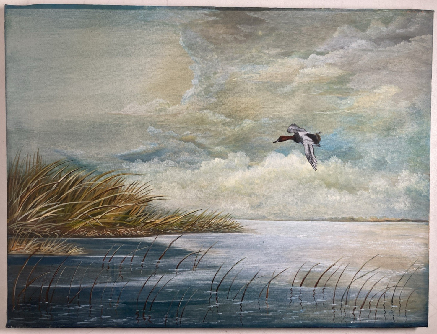 Vintage Original Oil Painting Landscape Lake Duck Clouds Sky Wind 18×24 Signed
