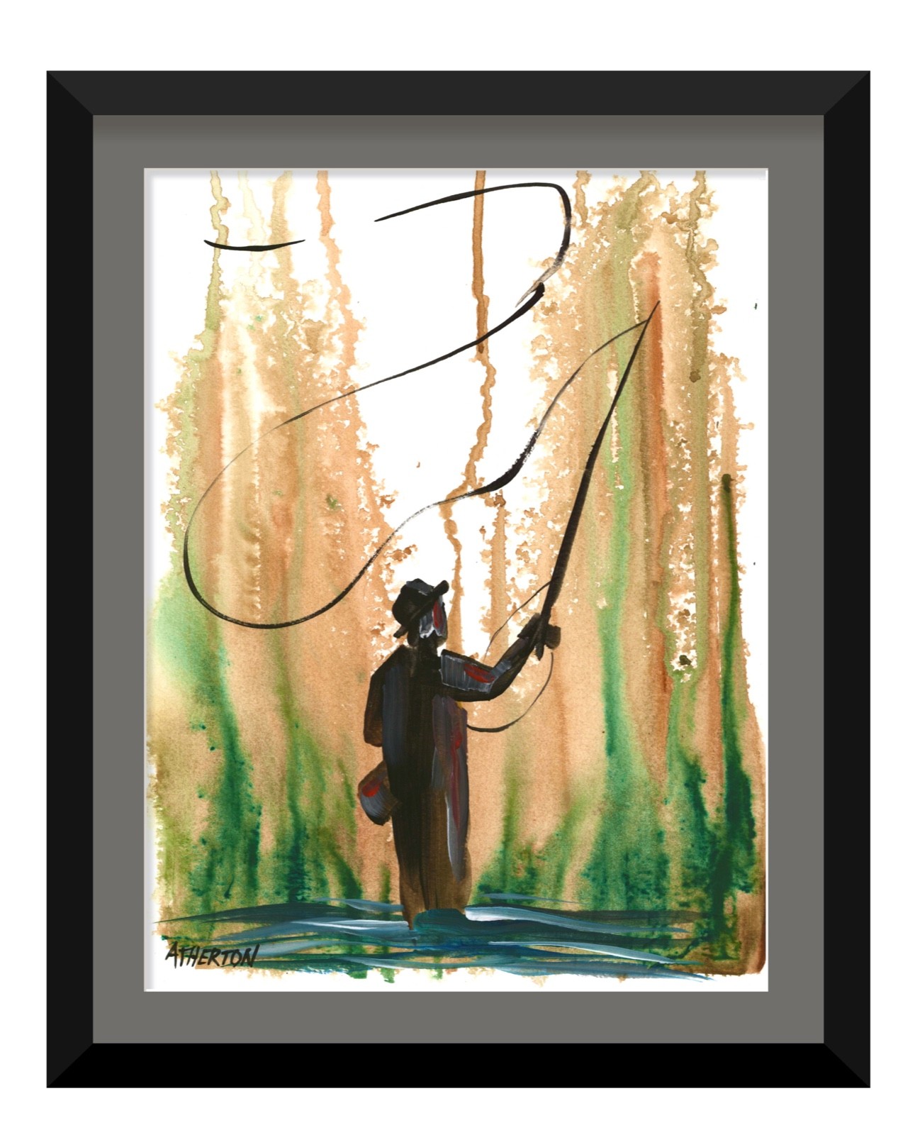 Original 9×12 Fly Fisherman Painting Western Art Abstract Trout Fishing Artwork