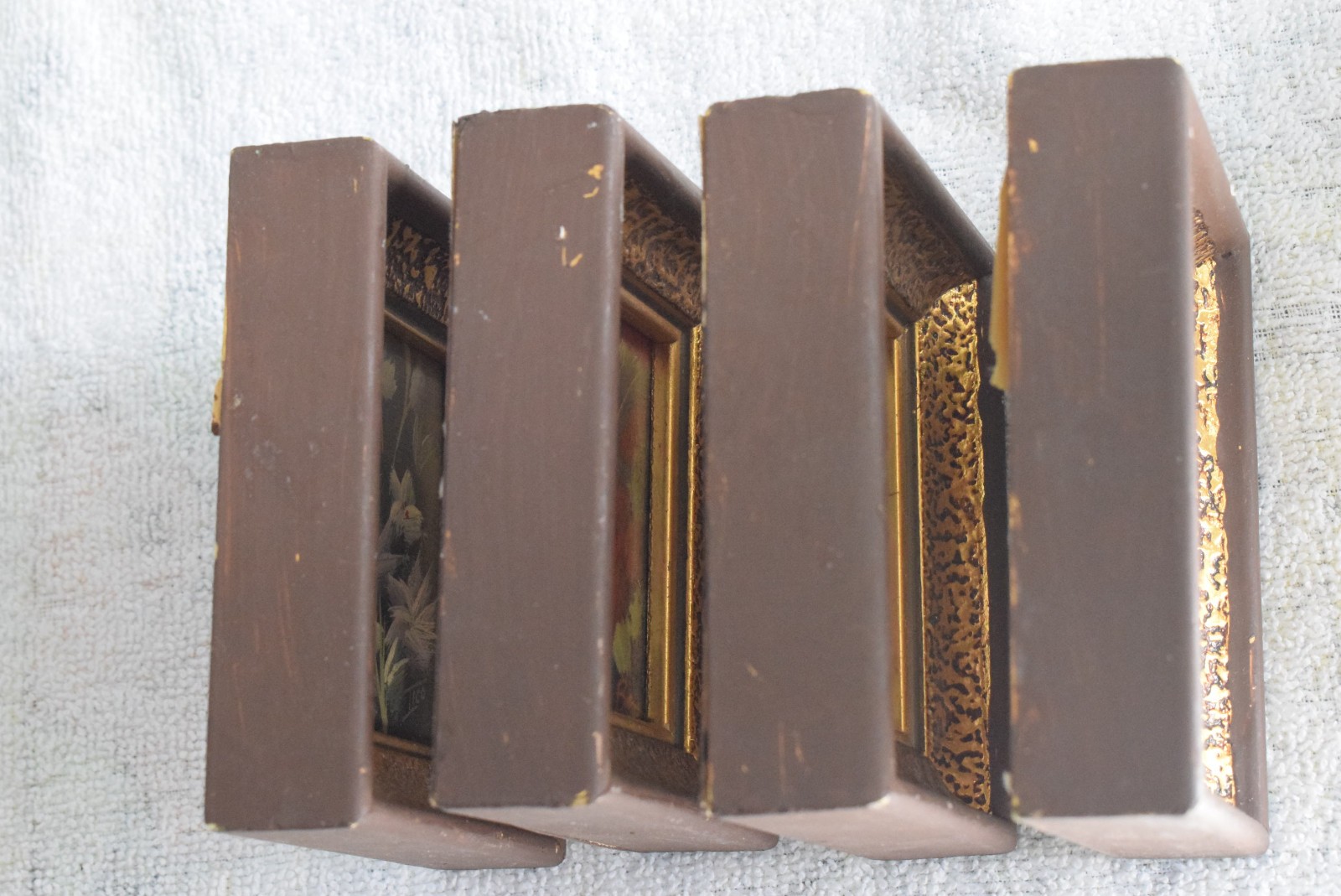 4 VTG Verilyn Gallery Signed Art, Hand-Painted Flowers Gold Frames 3×3.75, SPAIN