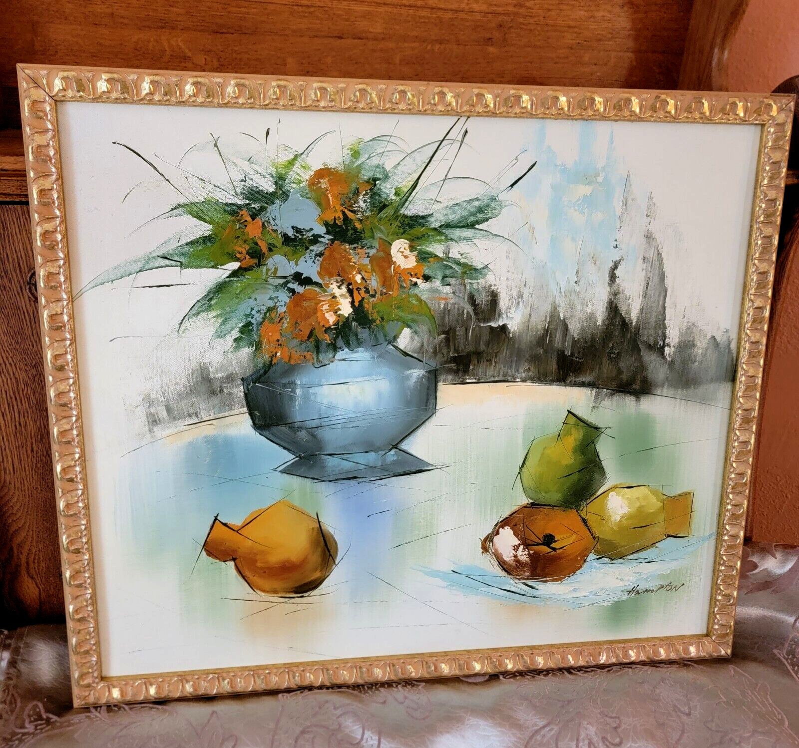 Mid-century Cubist Oil On Canvas Painting Geometric Asian Still Life Signed
