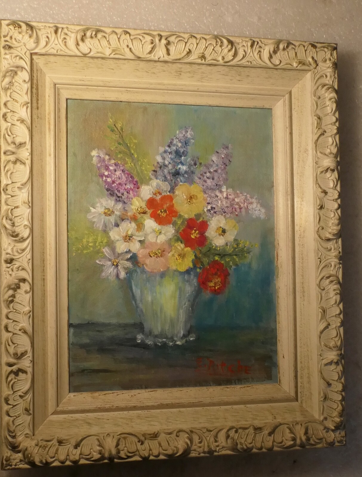 ERMA NITCHE OIL PAINTING SPRING BOUQUET FLORAL STILL FLOWERS IN VASE 1968