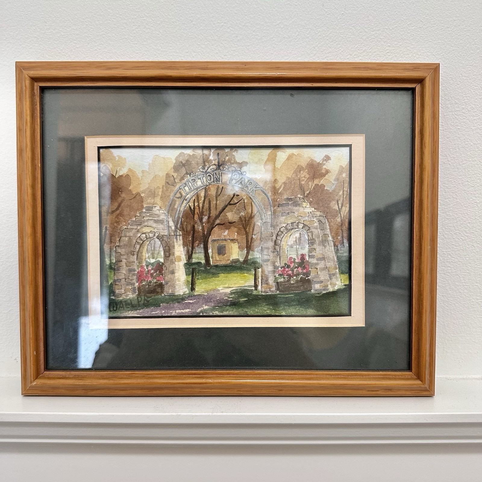 Vintage Framed Watercolor Painting Park Stone Arches Floral Moody Nature Scene