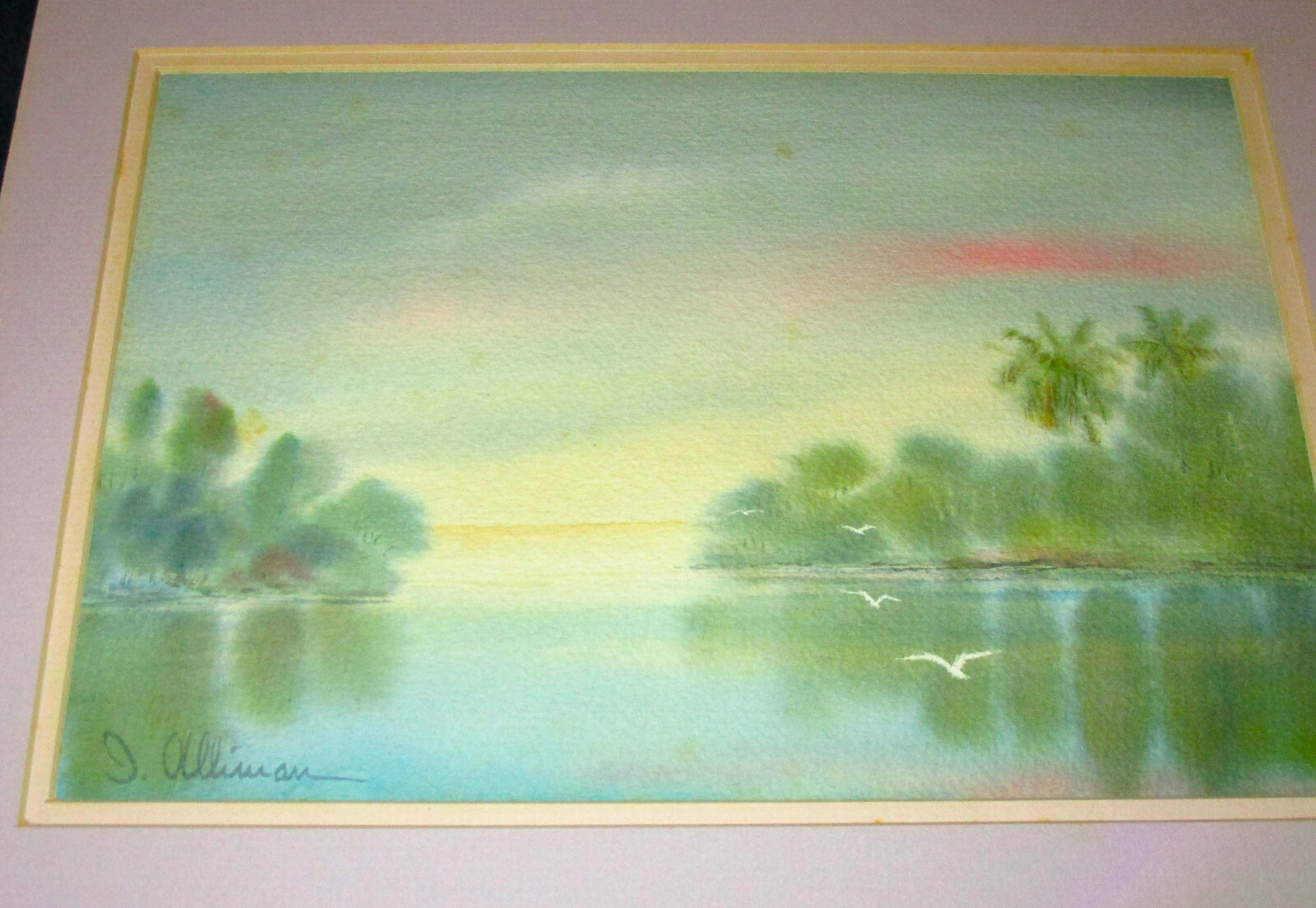 VINTAGE ORIGINAL WATERCOLOR Signed I. Alliman Waterway Matted 12 1/2″x 9 3/4″ FL