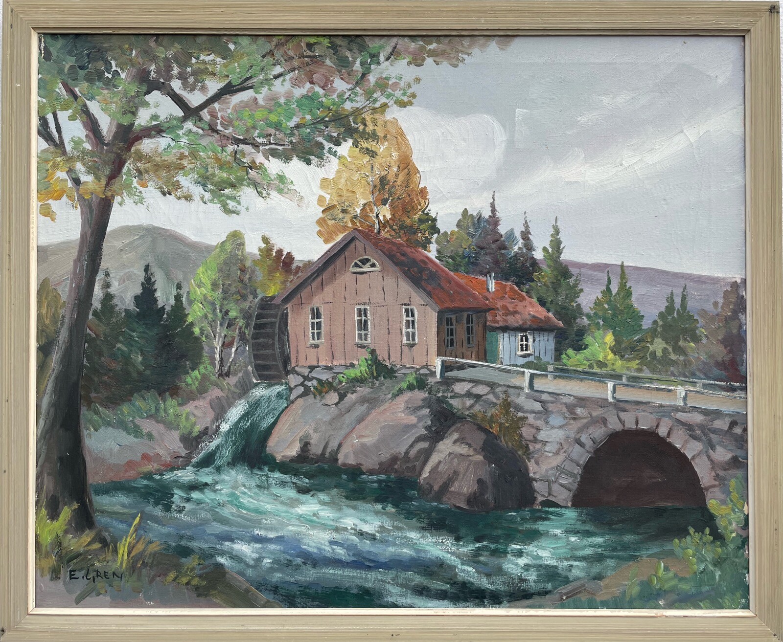 Unknown Painter River Landscape with Watermill Bridge Trees Bank Clouds