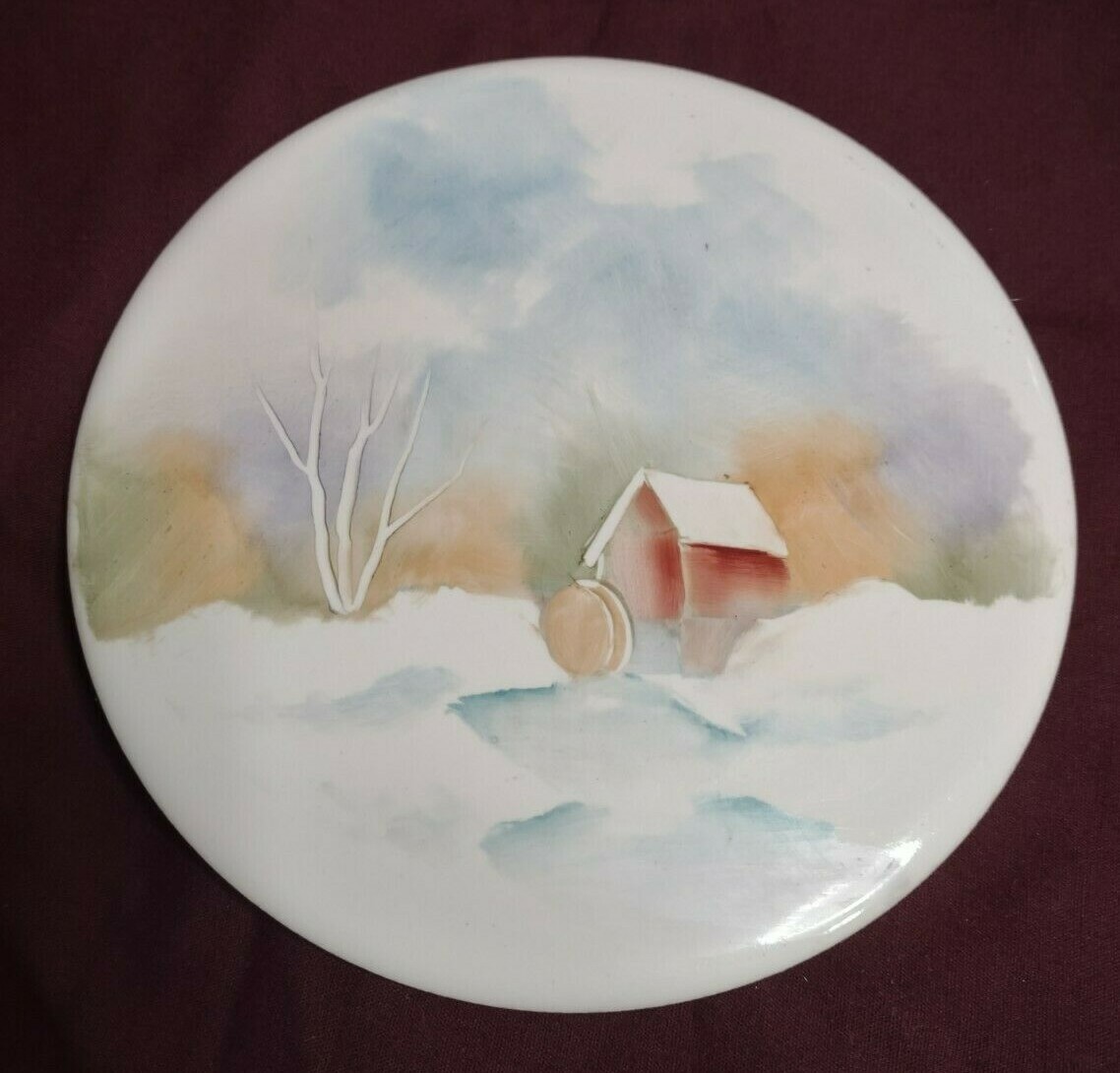 Hand-Painted Porcelain Artist J.E Helm 6″ Round Winter Landscape Water Mill Snow