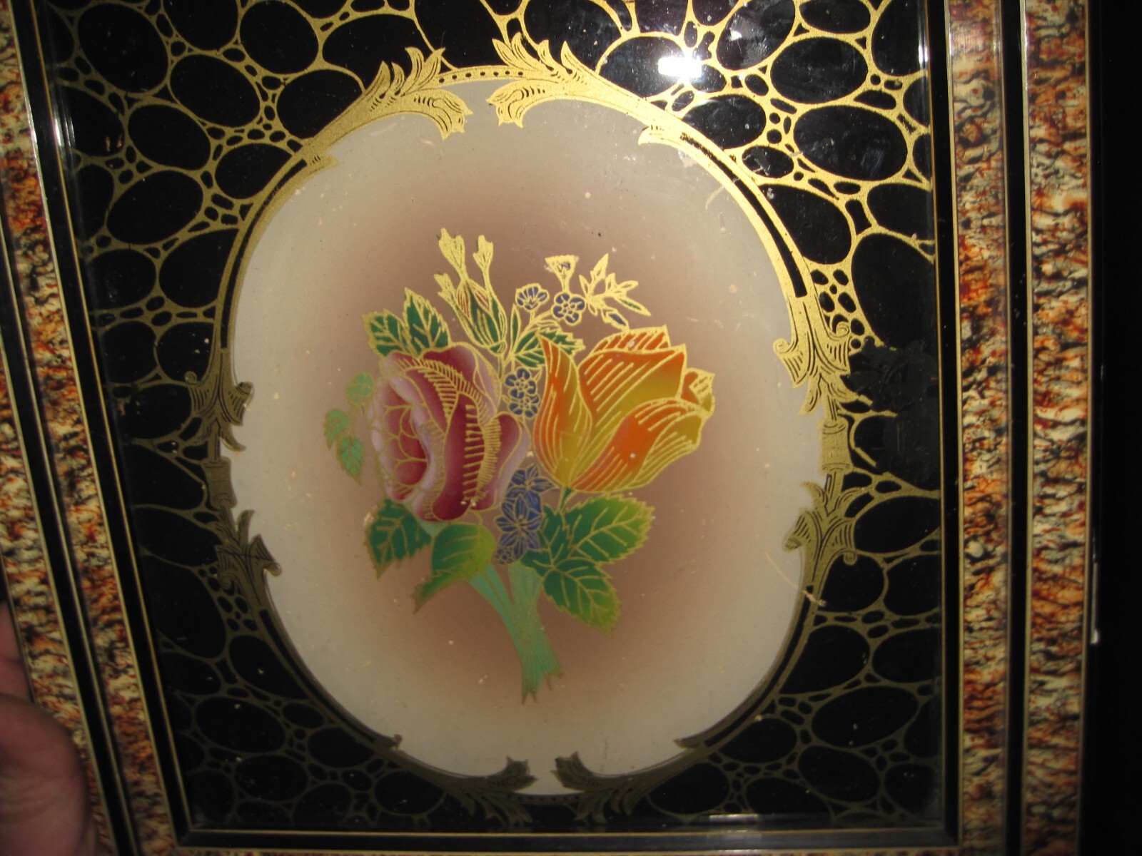 Antique Reverse Painted Glass Framed Floral Art Nouveau Deco