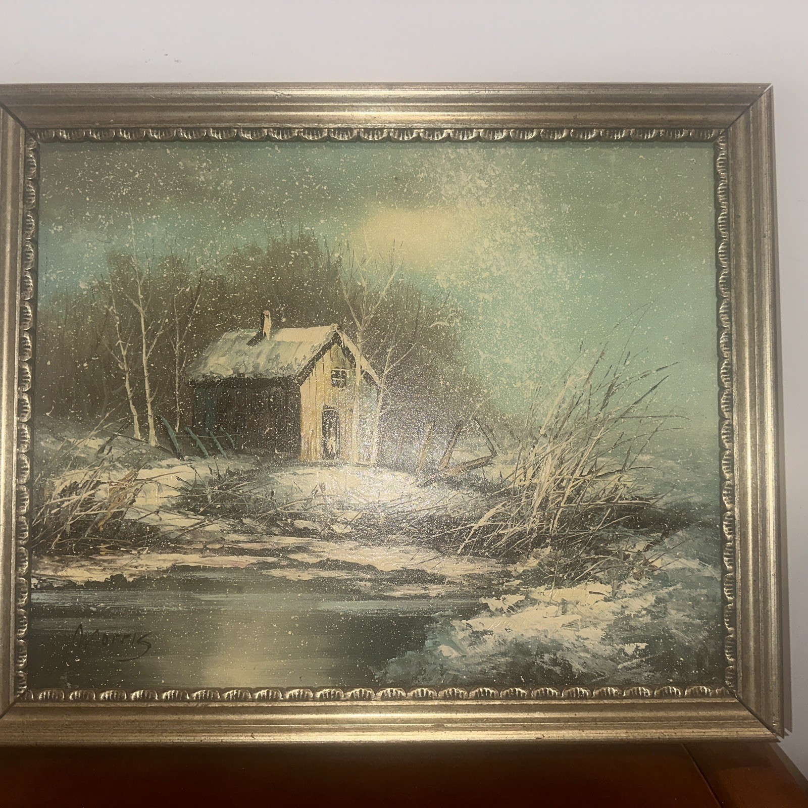 Winter Scene Oil Painting Nature Sea snow Cottage Artist Signature Ornate frame