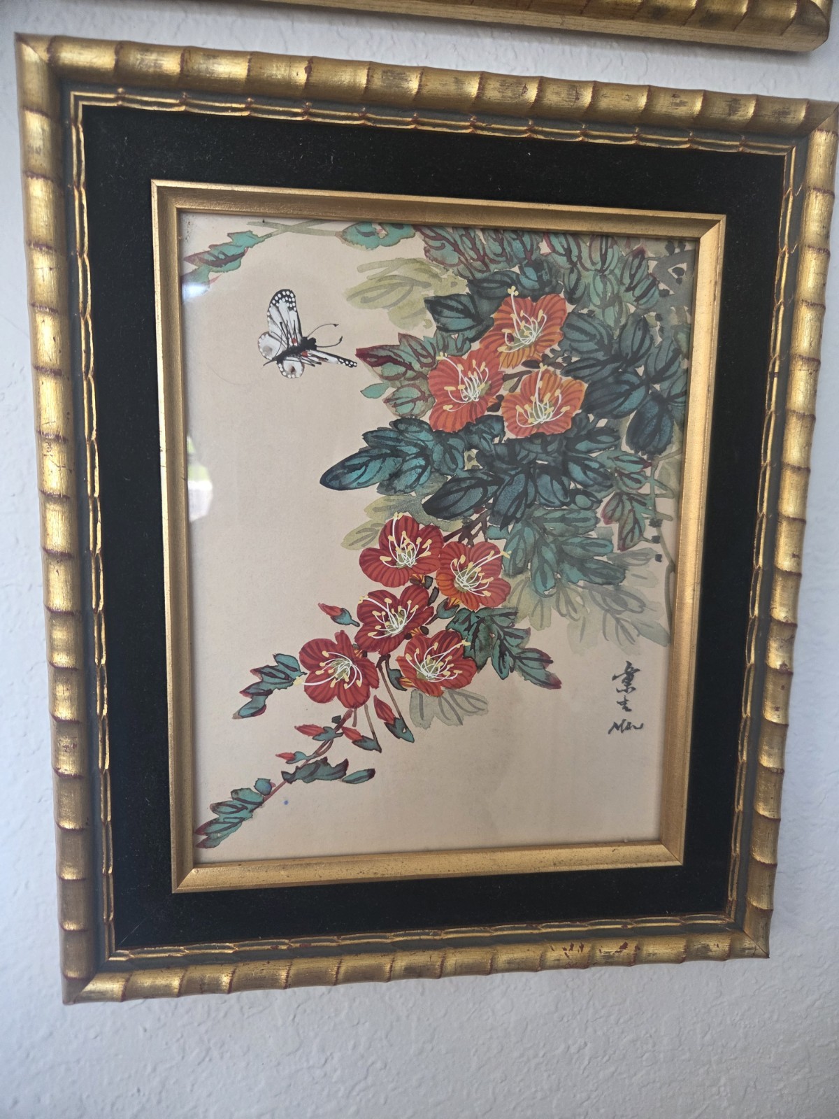 Ding «Orange Azaleas With A Buterfly» Signed MAN-«Marie-Louise» Framed