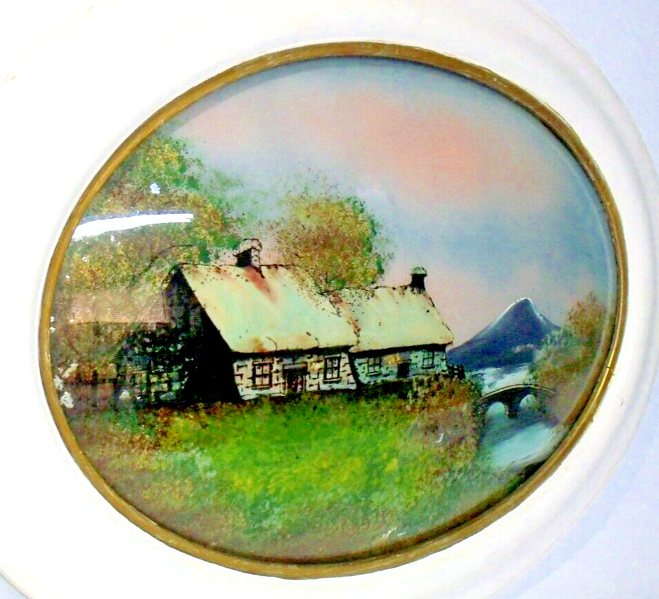 Antique Reverse Foil Painting Oval Convex Glass Landscape 14″x24″ Wood Frame