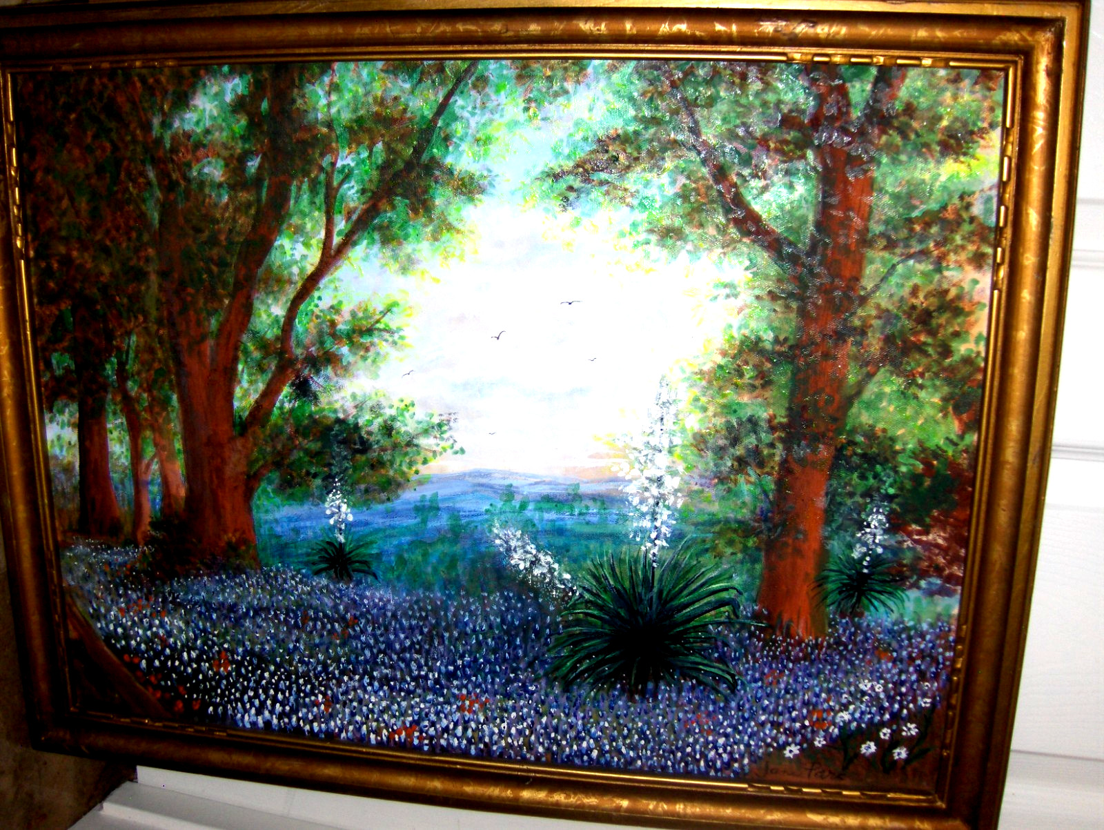GORGEOUS Original Bluebonnet Landscape Bird Sky Blooming Yucca TX VINTAG Oil Art