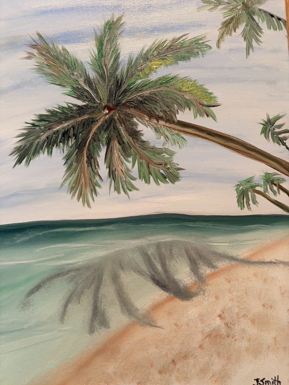 Original oil painting 11 x 14 inches palm tree at the ocean signed- free ship