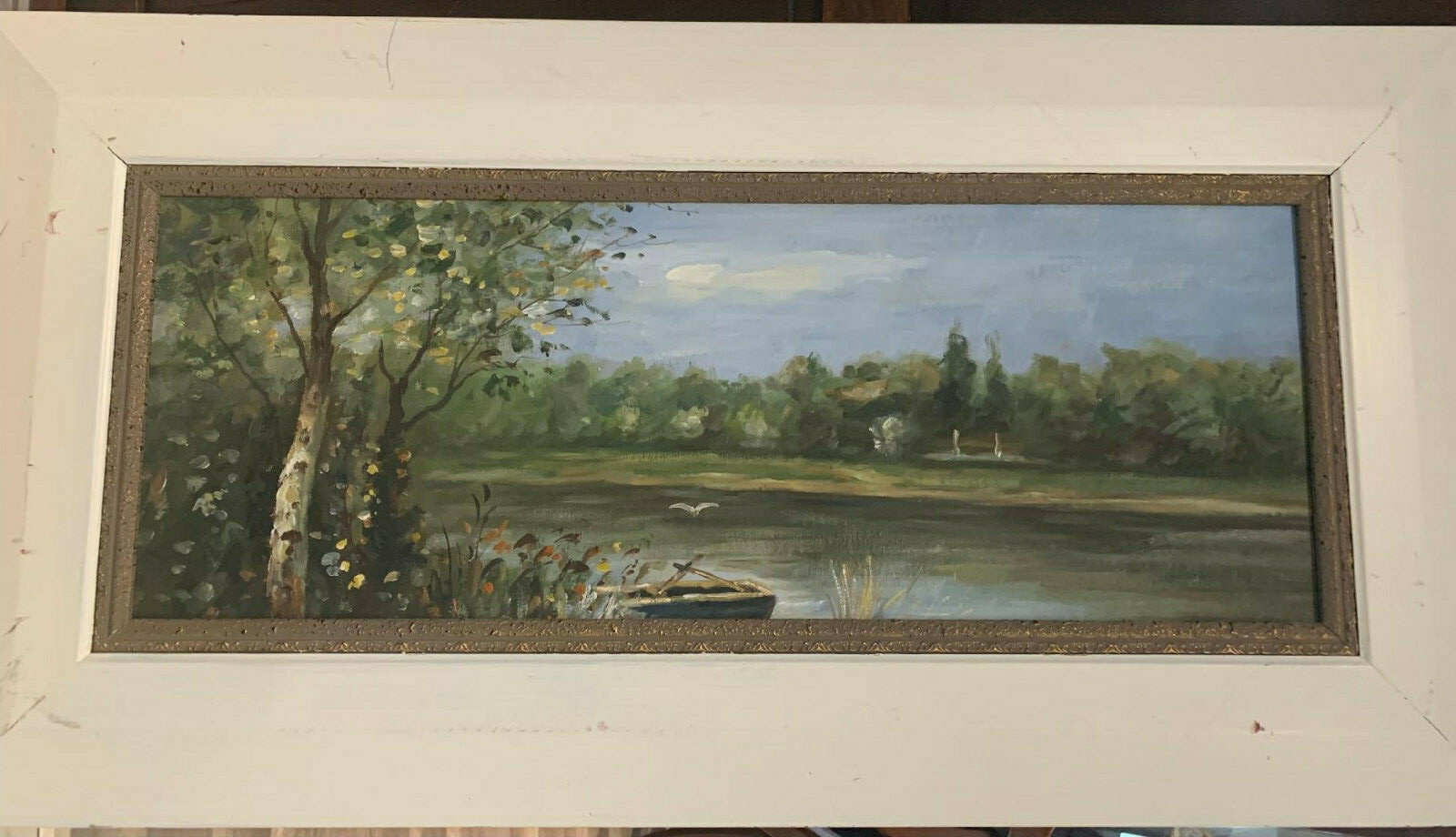 VINTAGE, IMPRESSIONISM BIG OIL PAINTING , LANDSCAPE , FRAMED 37 1/2″ x 19.75″