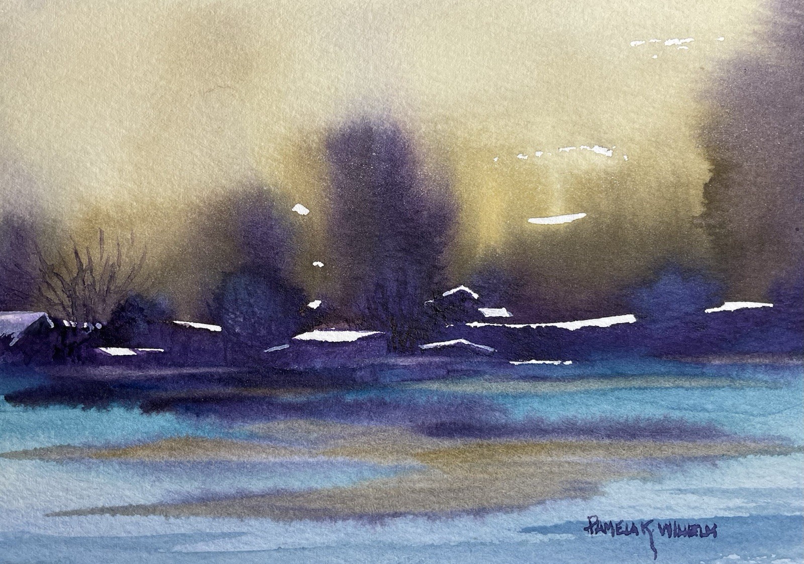 Pamela Wilhelm Watercolor 5”x7” Original Night Glow Winter Shore Blue Gold
