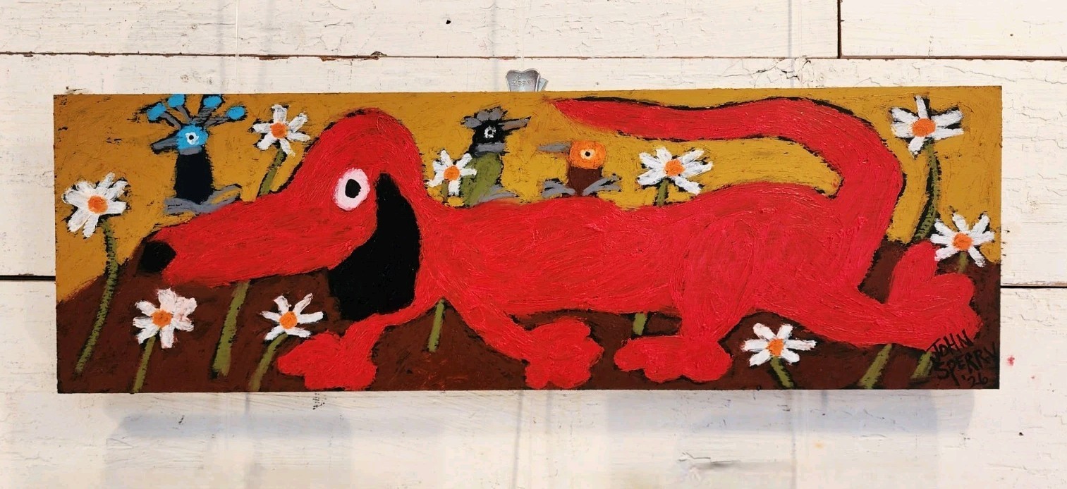 John Sperry Southern Primitive Folk Art Painting Bird Dog w/ Fleabirds