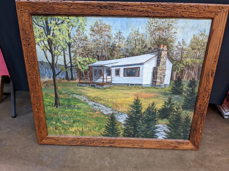 Betty Martin 1974 SIGNED Burlap Canvas Oil Painting White Cottage In the Woods