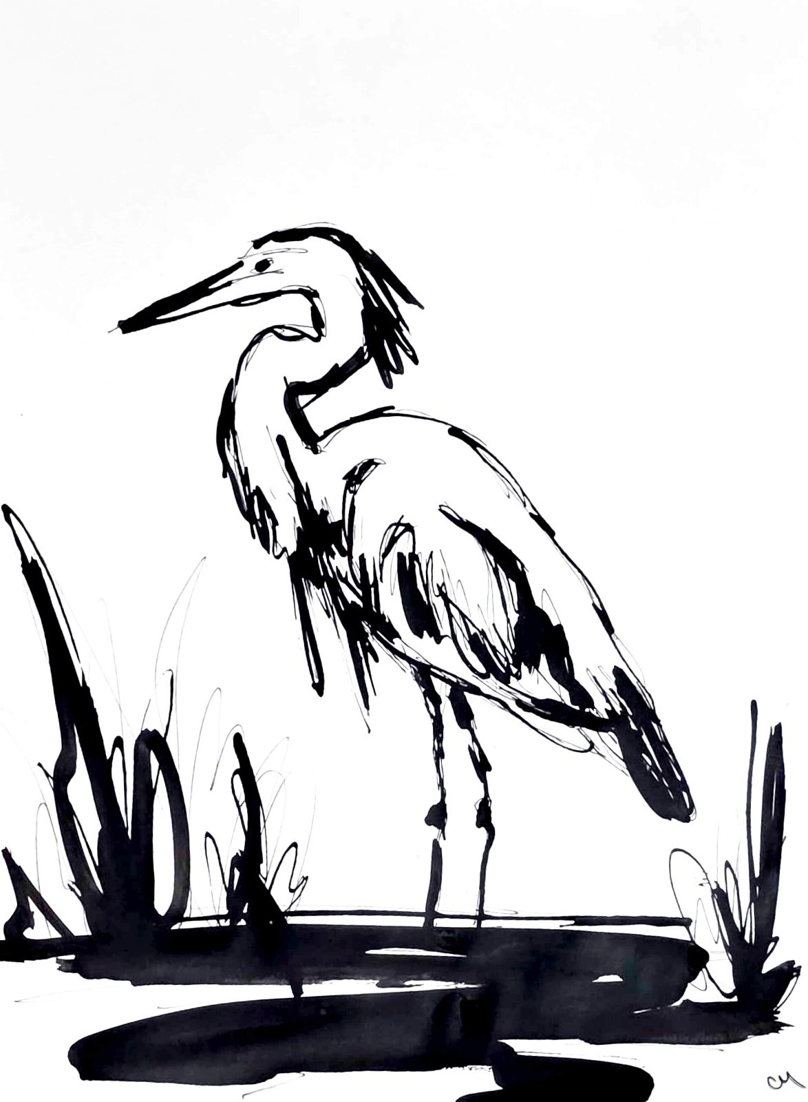 Original Hand Painted 9×12 Minimalist Heron Signed Acrylic Paper Wall Decor
