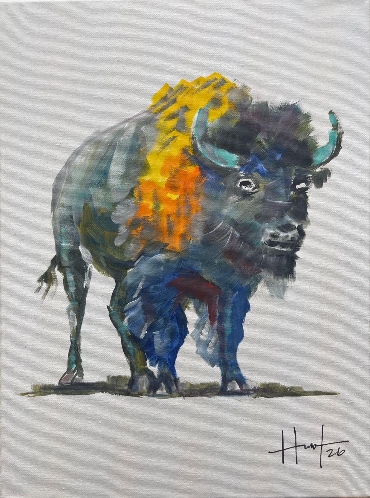 Hunt Original Art: 12×16 Acrylic on Canvas Colorful Bison with claasic flair