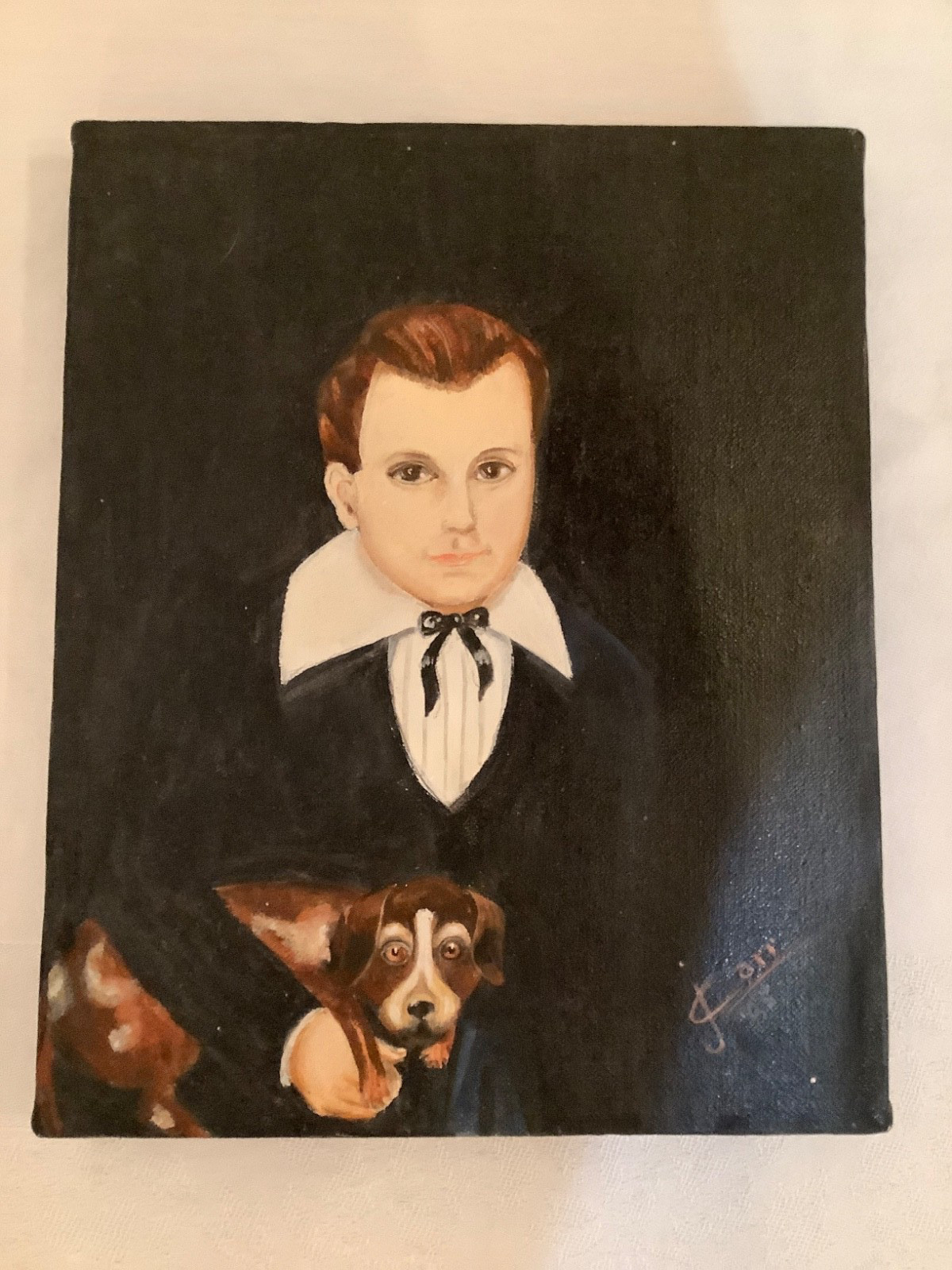 Vintage Folk Art Primitive Oil On Canvas Painting Man & Dog Canvas Signed