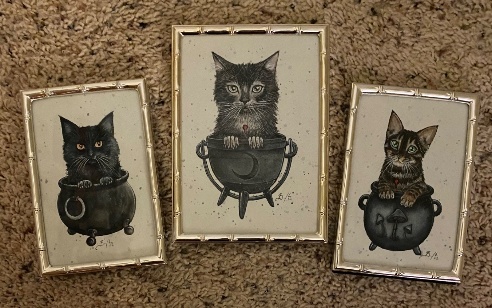 Cauldron Cats Original Art Set of 3 – Black Tabby Lykoi Cauldron Kitty Cats