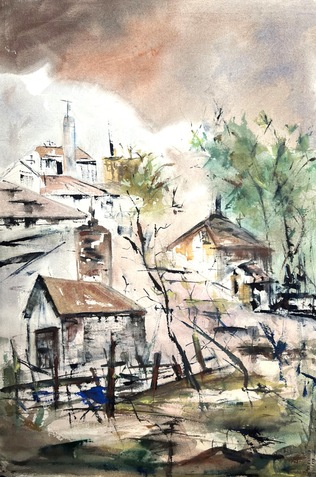Small Town Landscape–Charlotte Hoffman–Medium Size Watercolor–Mid 20th NY Artist