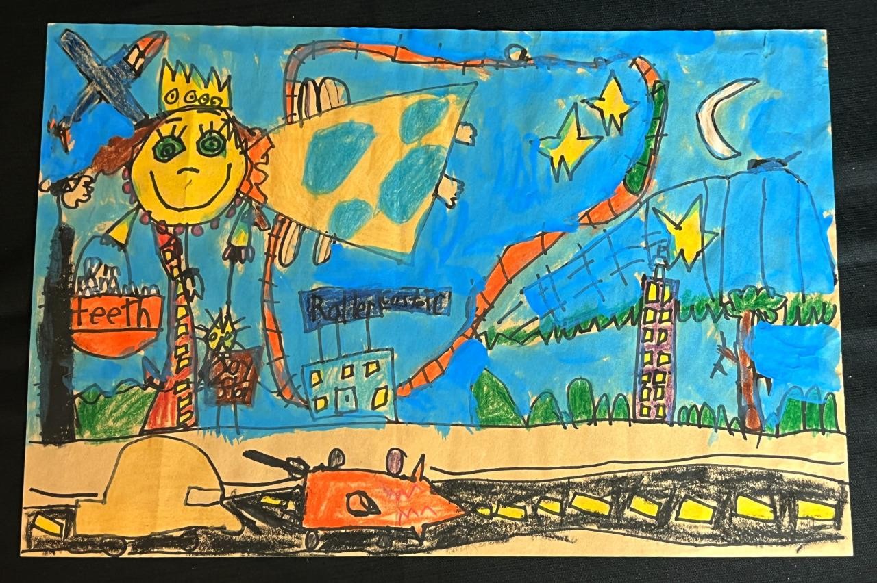 Vintage Surreal Drawing Art Childs Painting Tooth Fairy & a Roller Coaster