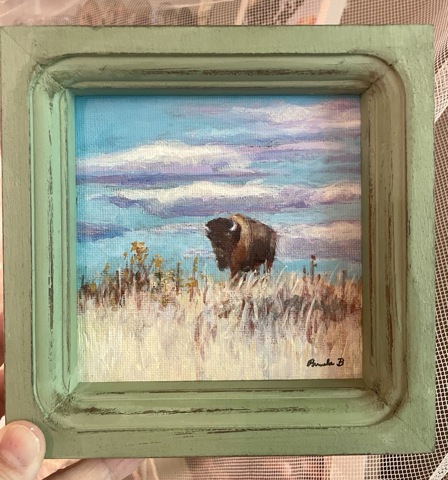 Buffalo Prairie Landscape Original Painting Framed Mini Western Art