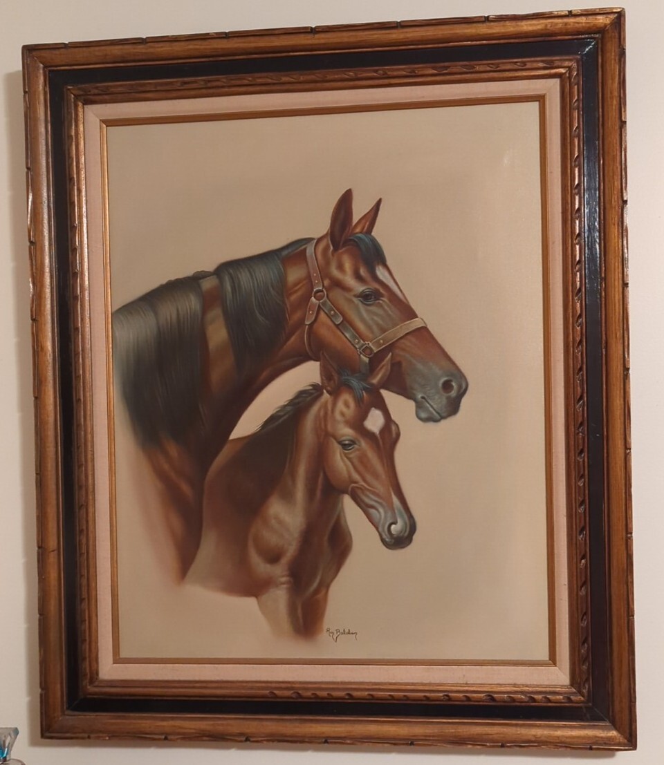 Rare Signed RON BALABAN Double Horse ORIGINAL OIL On CANVAS 32 X 38″ WOOD FRAMED
