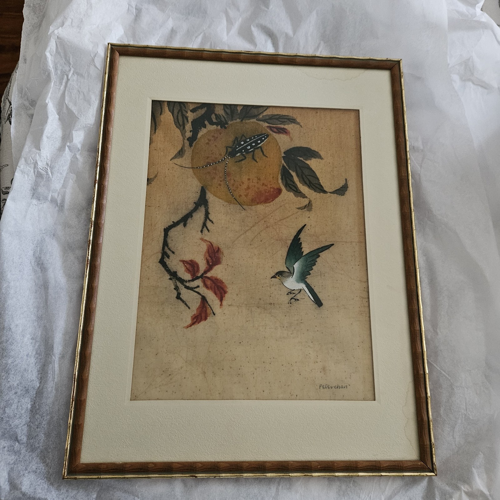 Original Painting Raw Canvas Fabric Batik Bird Signed by Peter Chan Matt/ framed
