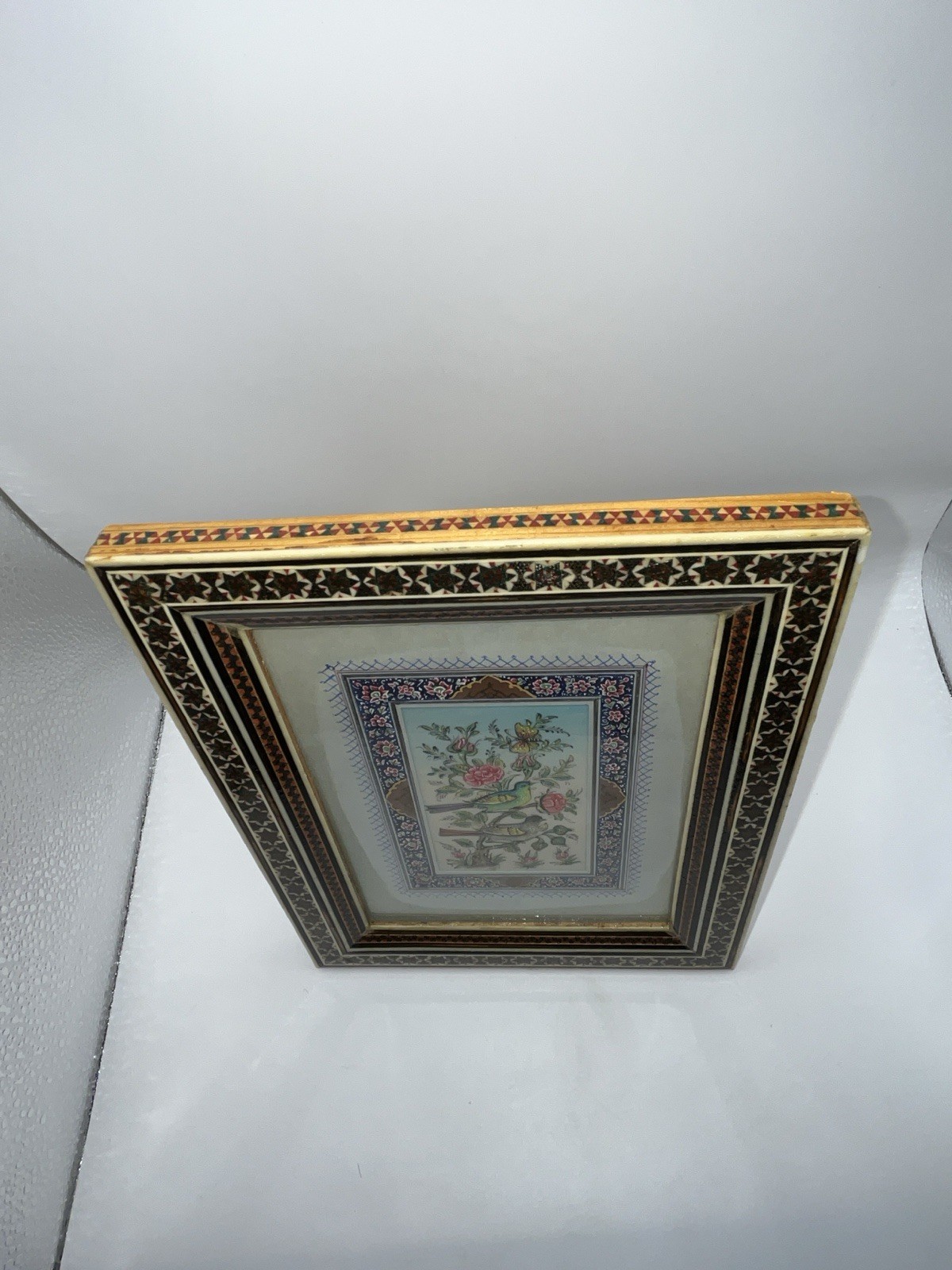 Signed Persian Miniature Art 7×9 Camel Bone Inlaid Vintage Khatam Mosaic Frame