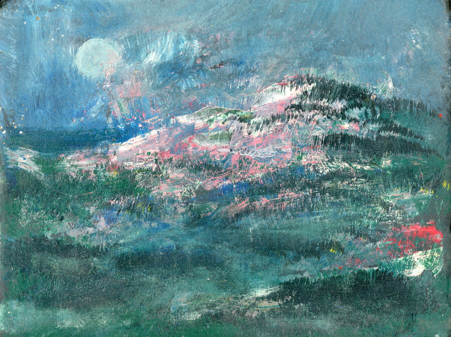 Moon over Snow Capped Mountain 8×10 in.. Acrylic on panel Hall Groat Sr.