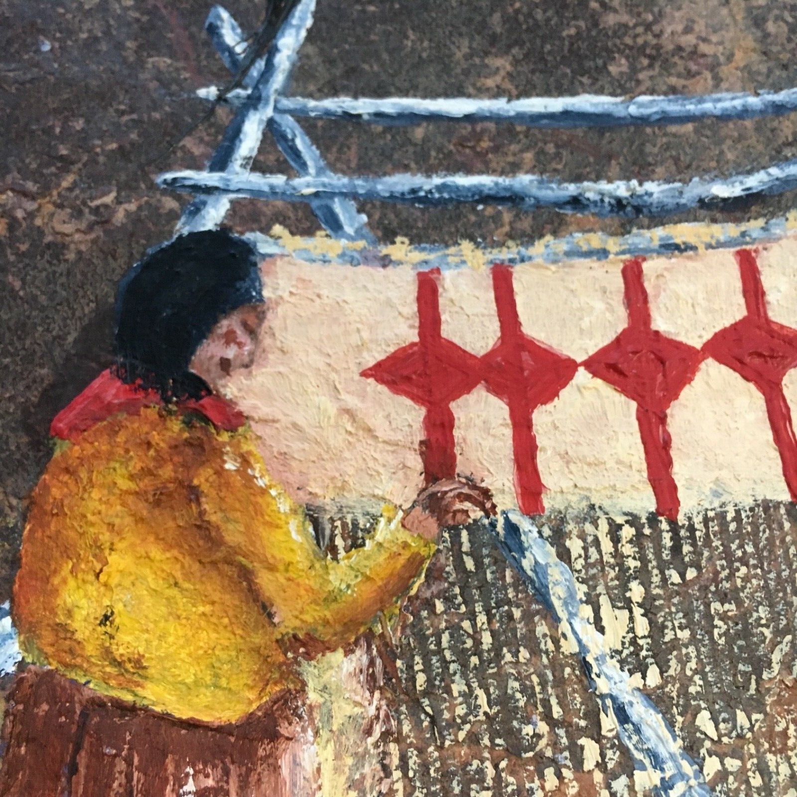 GEOWAHL Woman Weaver Hand Painted Flat Stone Wall Art Hanger Signed 11 x 8.5 in