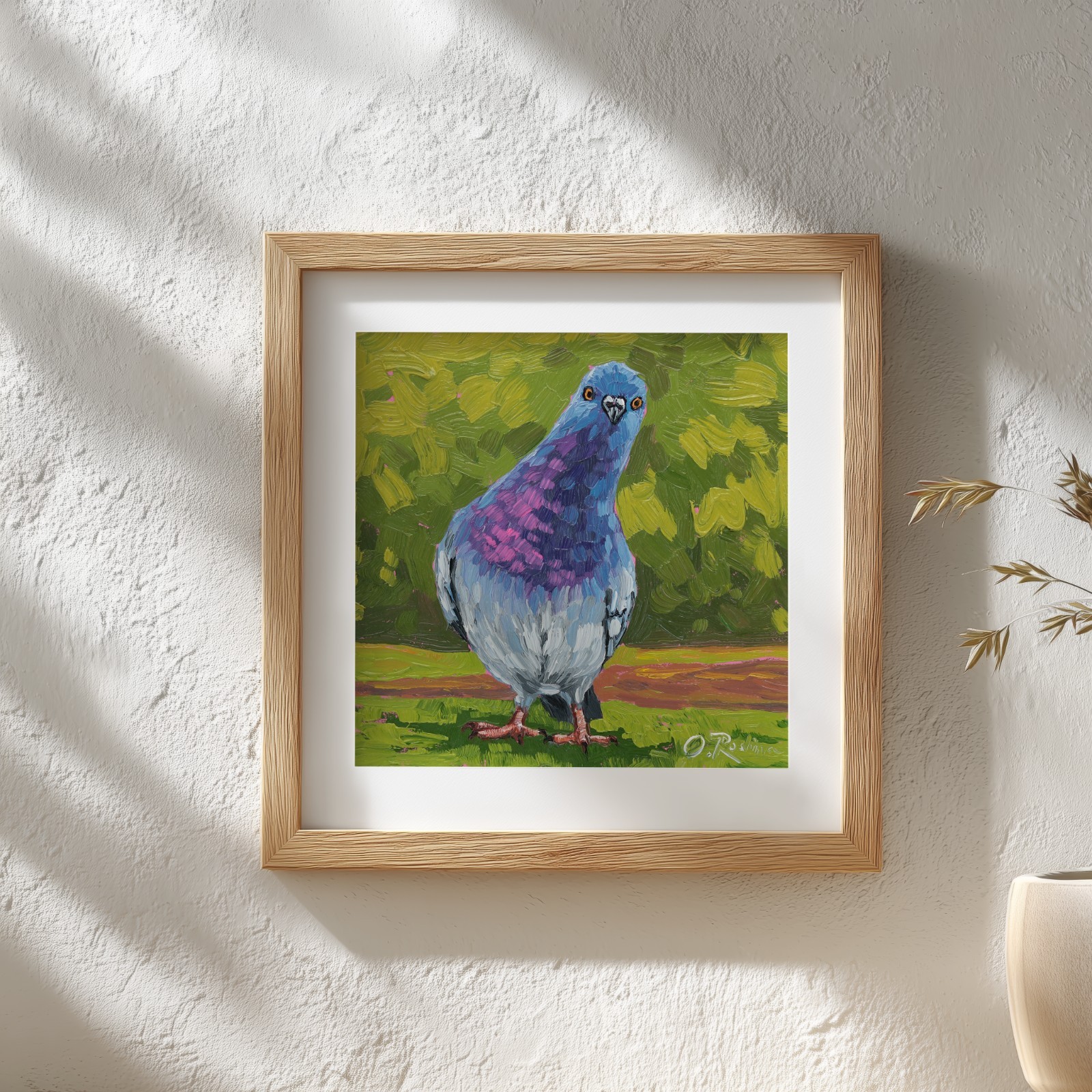 Pigeons Art Bird Impressionism Oil Painting, Funny Animal Wall Art 6×6 inch.