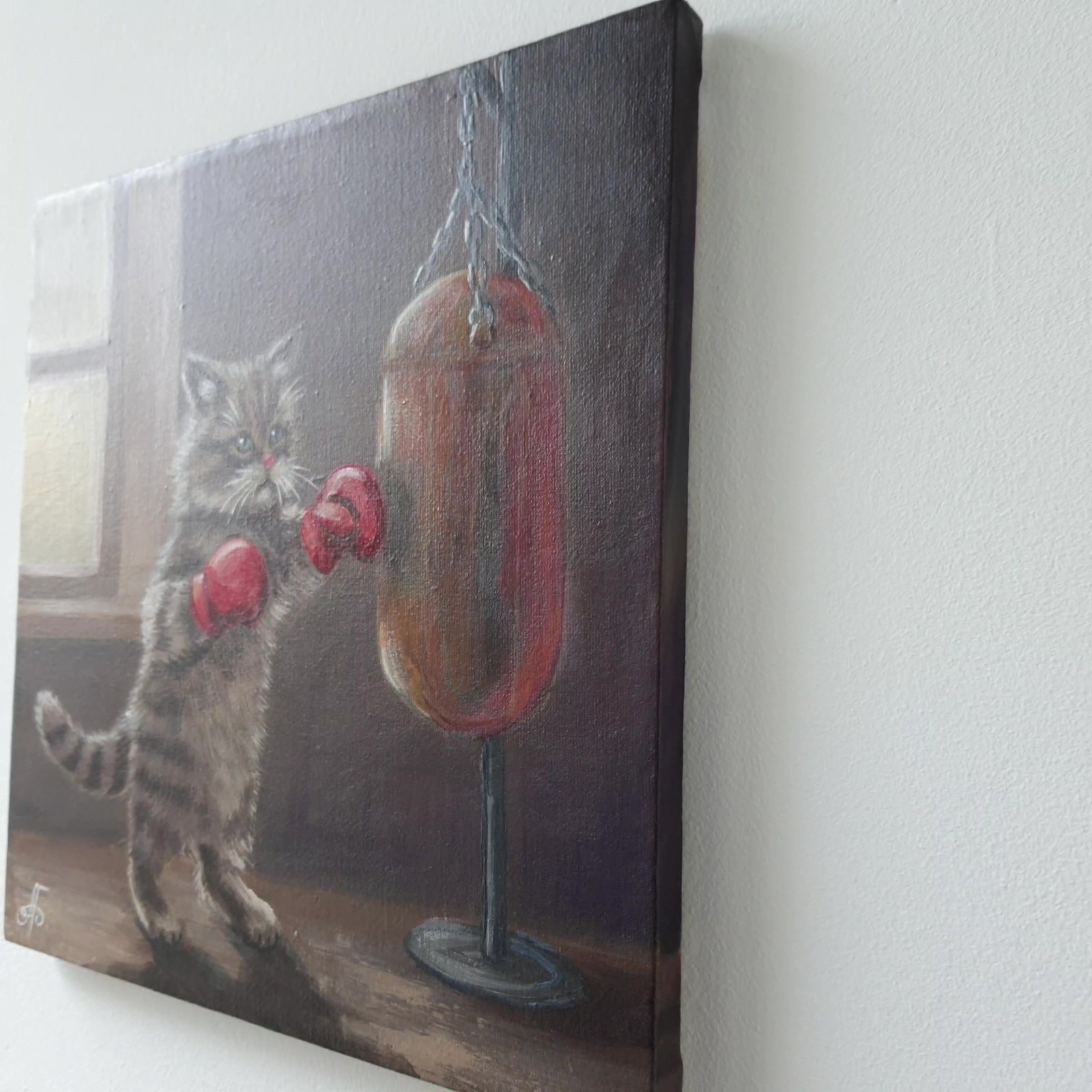 Funny Cat Boxing Oil Painting Original Animal Art Canvas Cute Kitten 10×10