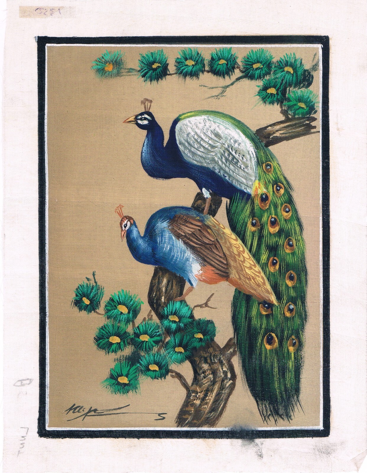 Hand Miniature Wildlife Nature Art Painting Of Peacock BirdOn Silk 6.5×8.5 Inch