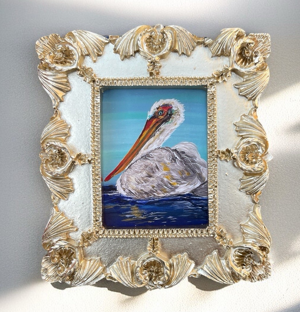 Coastal white pelican beach bird mini watercolor print in gold ornate frame