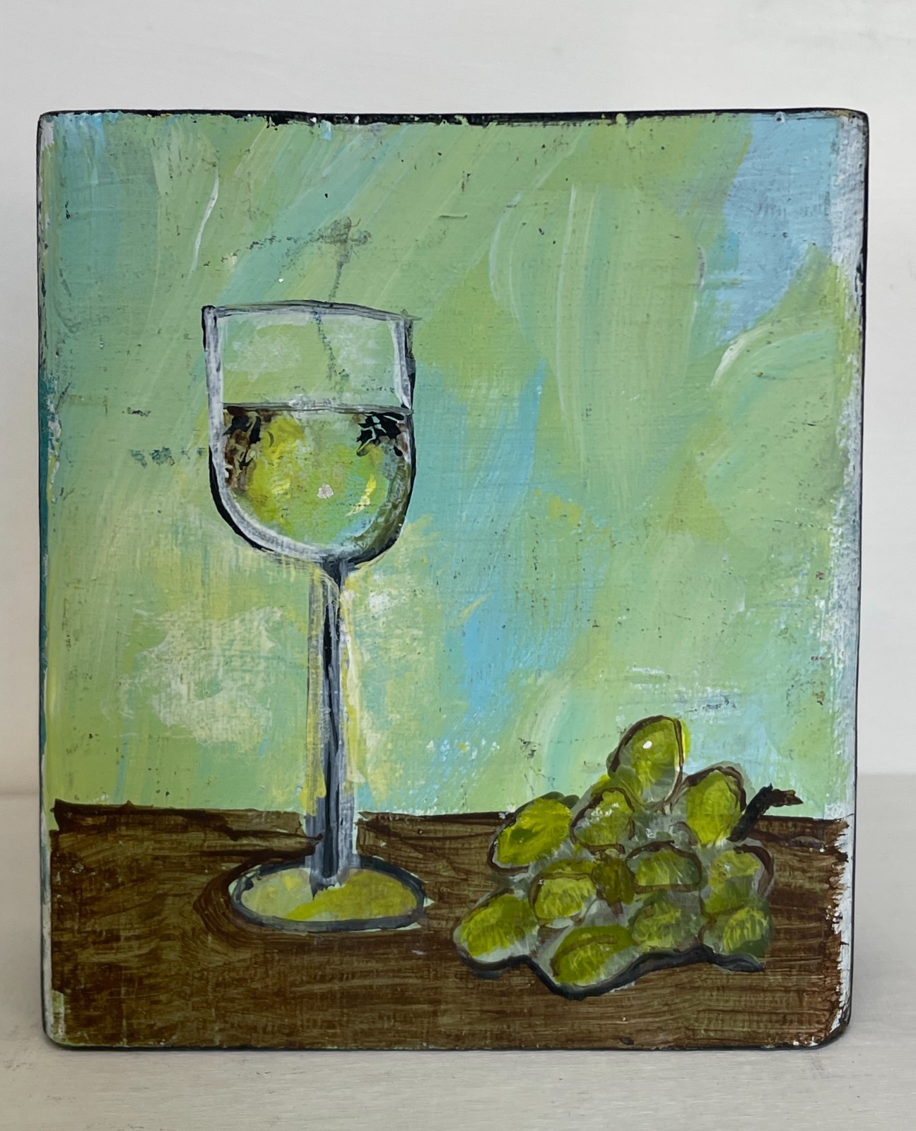 Mary Myers Original Art Block Wine Glass and Grapes Reclaimed Wood