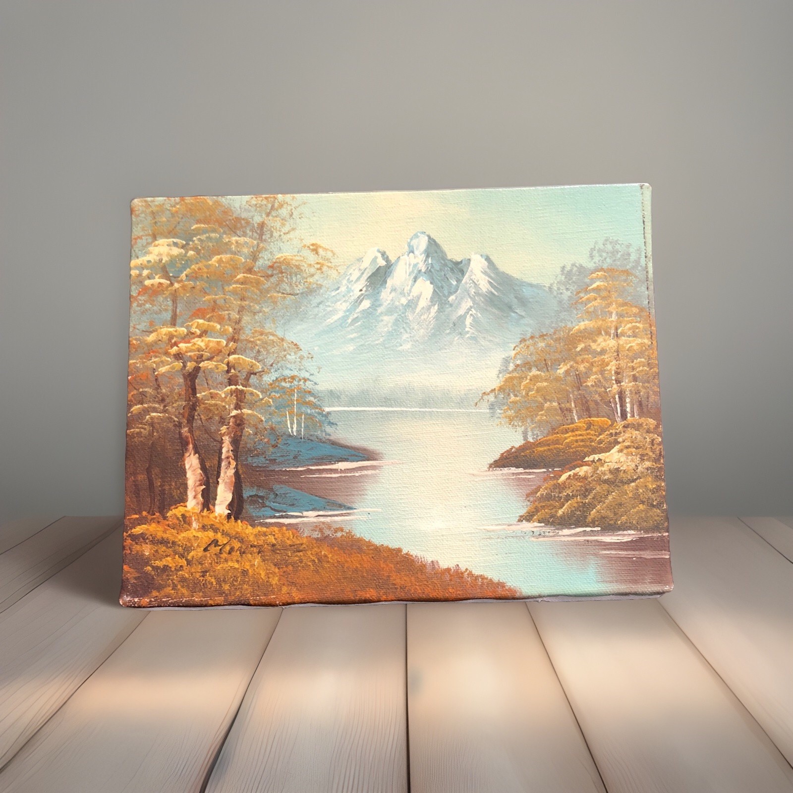 Vintage 1980s Oil On Canvas Painting -Autumn Mountain Landscape – Signed 10 X 8