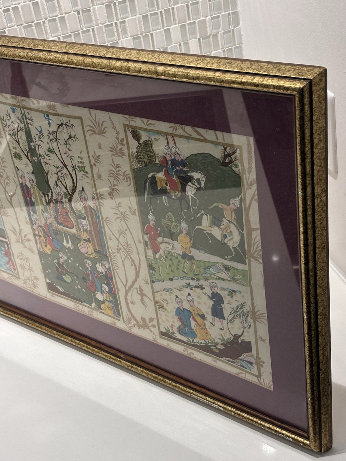 Vintage Mughal Framed Silk 3-Panel Painting, Rare Cultural Fine Art Decor Gifts