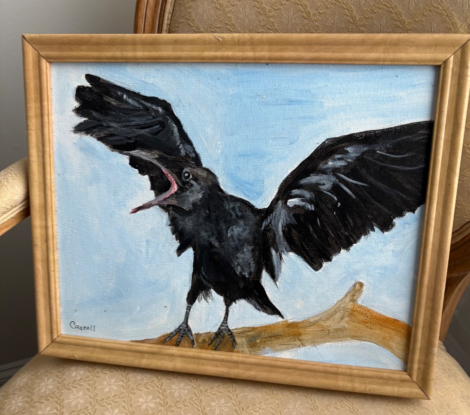 Original Framed Crow Bird Oil Painting 12.5″x15.5″ Signed Carroll Baby Bird