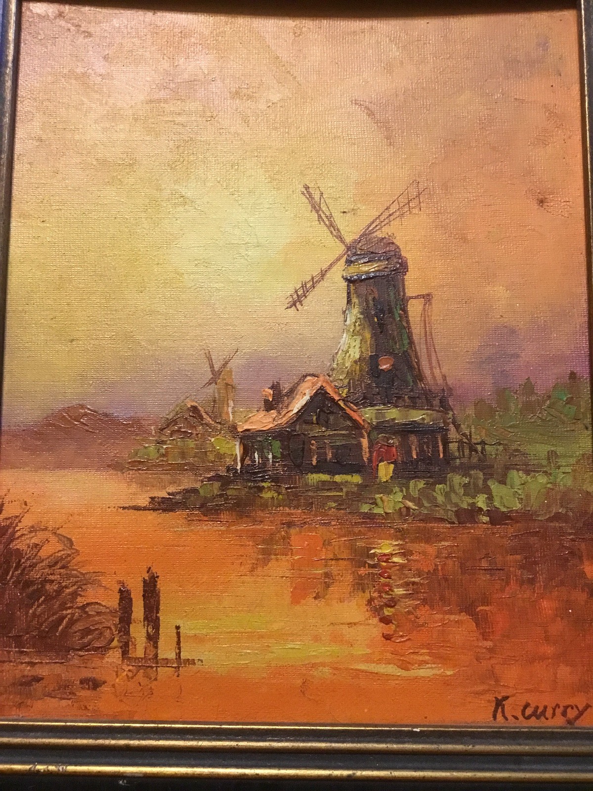 Vintage Oil Painting Barn Windmill Signed K. Curry Original Still Life Wood
